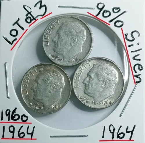 Lot Of 3 Roosevelt Dimes 1960-D Error RPM 1964-1964 90% Silver VG Condition look