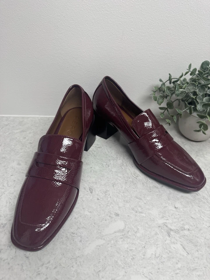 Mocasines de charol rojo granate aerosoles tacones en bloque sin cordones punta cuadrada 8M Foto 4 de 4