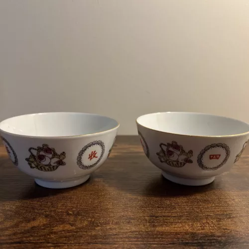 2 Vintage Chinese Ceramic Rice Bowls 2 Ceramic Spoons