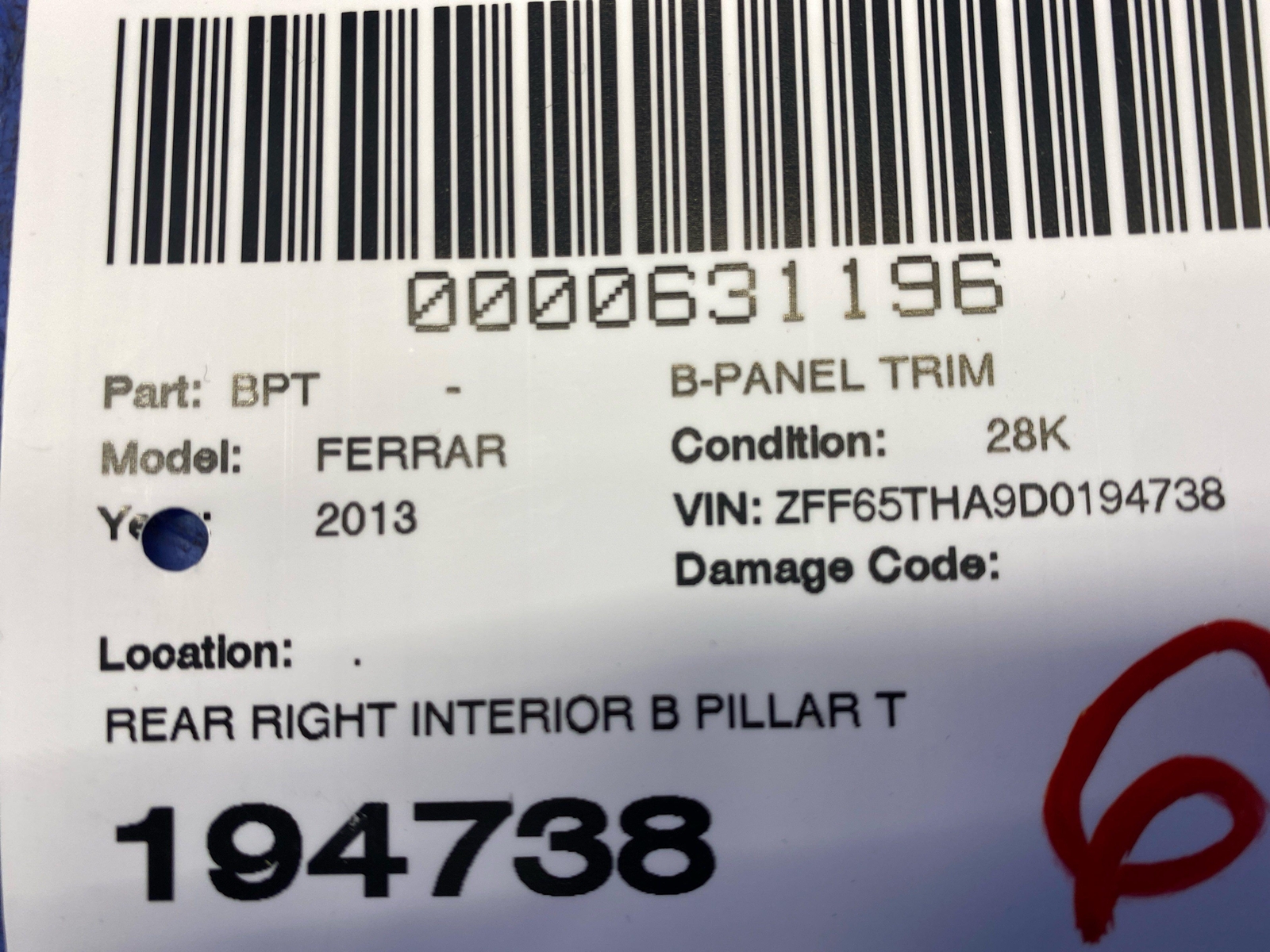 2008-2014 FERRARI CALIFORNIA REAR RIGHT INTERIOR B PILLAR TRIM PANEL *SCRATCHES*