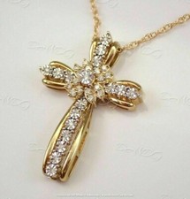 1.50Ct Round Cut VVS1 Diamond Cross Pendant 14K Yellow Gold Finish 18"Free Chain
