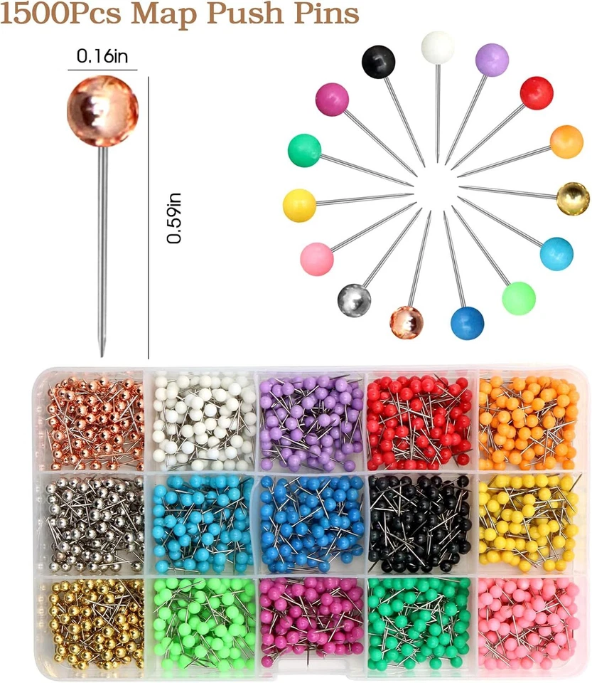 1500 PCS Map Push Pins,  Map Tacks Marking Pins 1/8-Inch Plastic round Head Deco - Image 2 of 2