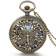 Vintage Bronze Tone Butterfly Pocket Watch Necklace Pendant Chain Women Men Gift