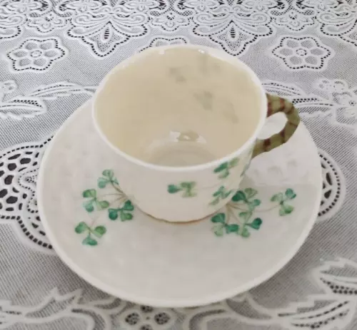 VINTAGE Belleek Pottery Shamrock Basket Weave Demitasse Cup and Saucer, Ireland