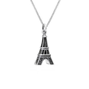 Authentic 14K White Gold Plated Antiqued Paris Travel Eiffel Tower Pendant 18"