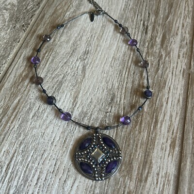 Vintage 90s NY & Co Triple Layered Wire Necklace Purple Beads Silver Pendant 20 