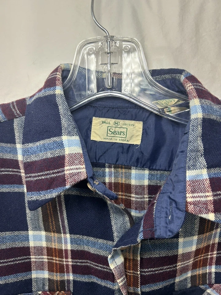 Xadrez masculino SEARS vintage década de 1960 manga longa acrílico flanela altura média 15-15,5 - Imagem 4 de 4