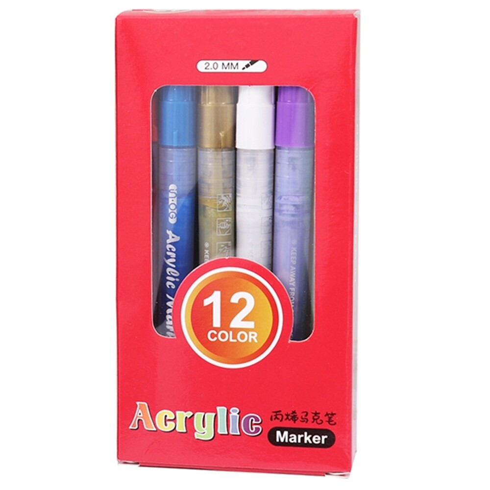 Box of 12 Assorted Colour Acrylic Marker Pens - Paint Artists Art Colouring