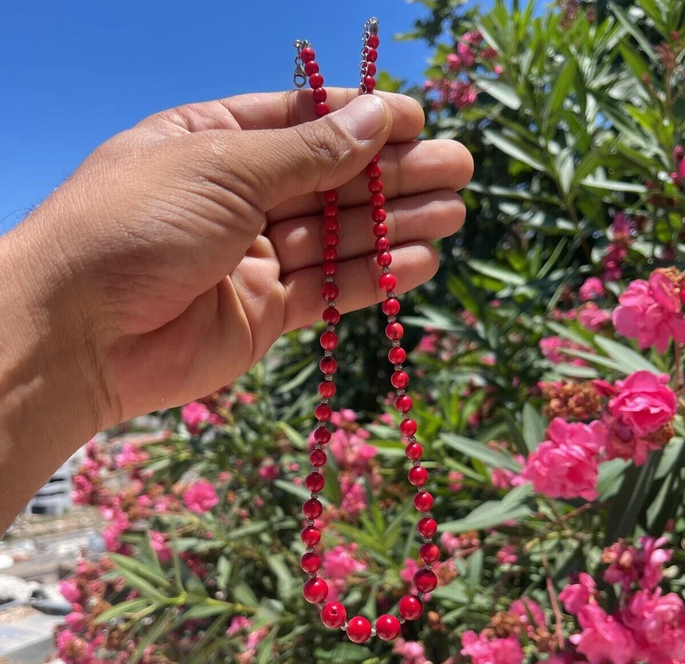Collar de plata de ley 925 con piedras preciosas de coral rojo hecho a mano natural Foto 2 de 4
