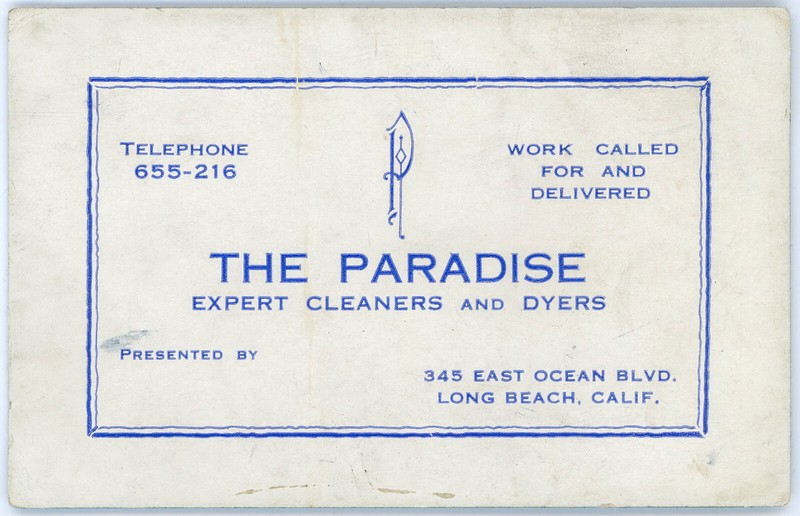 Vintage 1929 Blotter Business Card Paradise Cleaners Ocean Blvd Long Beach CA