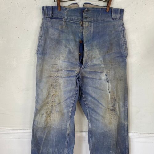 Pantalon en coton bleu détressé vintage vêtements de travail français années 1900-1920 vêtements de travail  - Photo 1/10