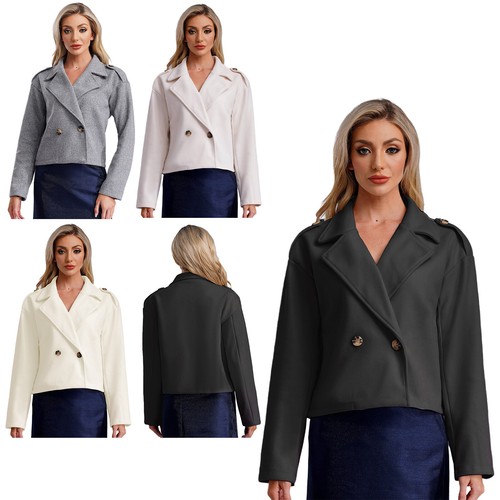 Womens Classic Fit Woolen Short Coat Lapel Long Sleeve Office Work Crop Jacket  - Bild 1 von 49