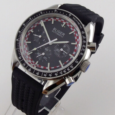 40mm bliger black dial day week indicator multifunction automatic mens watch 606