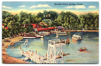 FL Silver Springs, Busy Beach Scene, Platforms, Glass Bottom Boats, Linen Unp