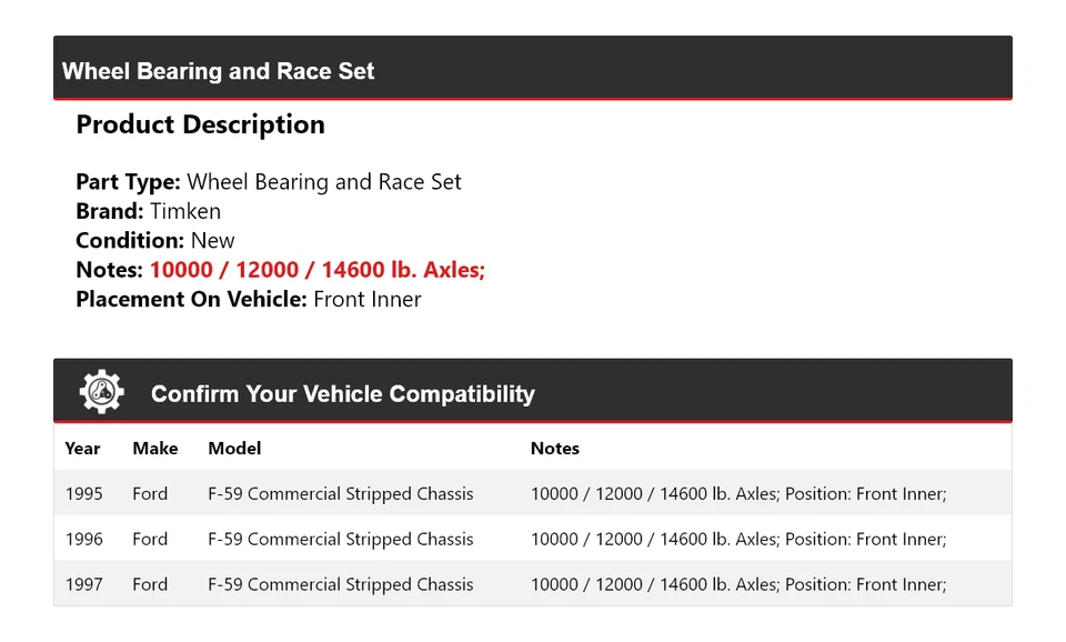 Juego de carreras de cojinete de rueda de chasis despojado comercial para Ford F-59 95-97 Foto 2 de 4
