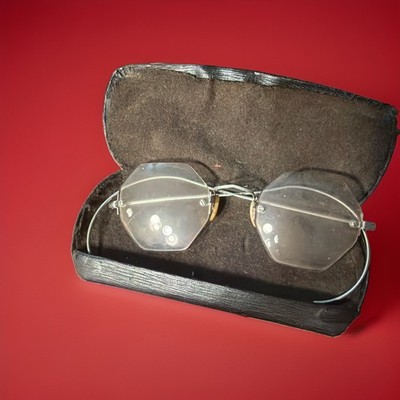 Antique Art Deco Rimless Octagonal Eyeglasses Octagon Wire Glasses Case USA Vtg
