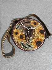 Myra Bag Crossbody Womens Brown Round Tooled Sunflower Bull Western Leather Boho