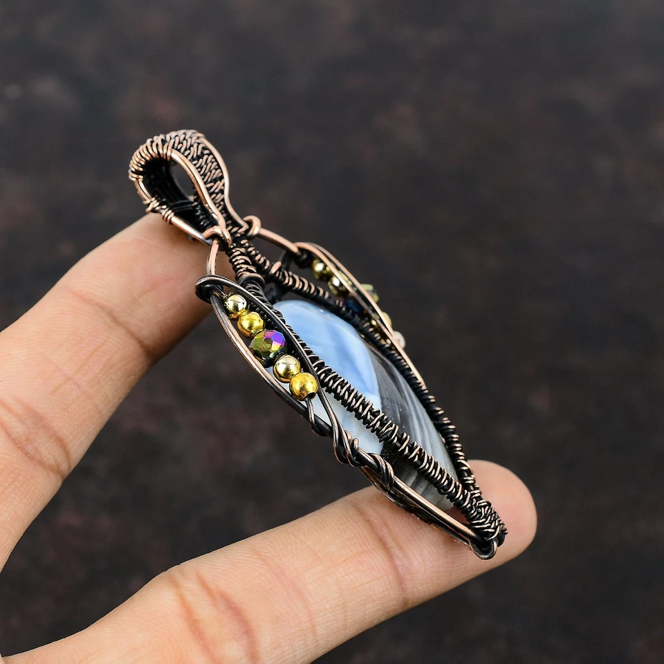 Owyhee синий опал камень титана бисер медная проволока обернутый богемное подвеска ювелирных изделий - Изображение 3 из 4