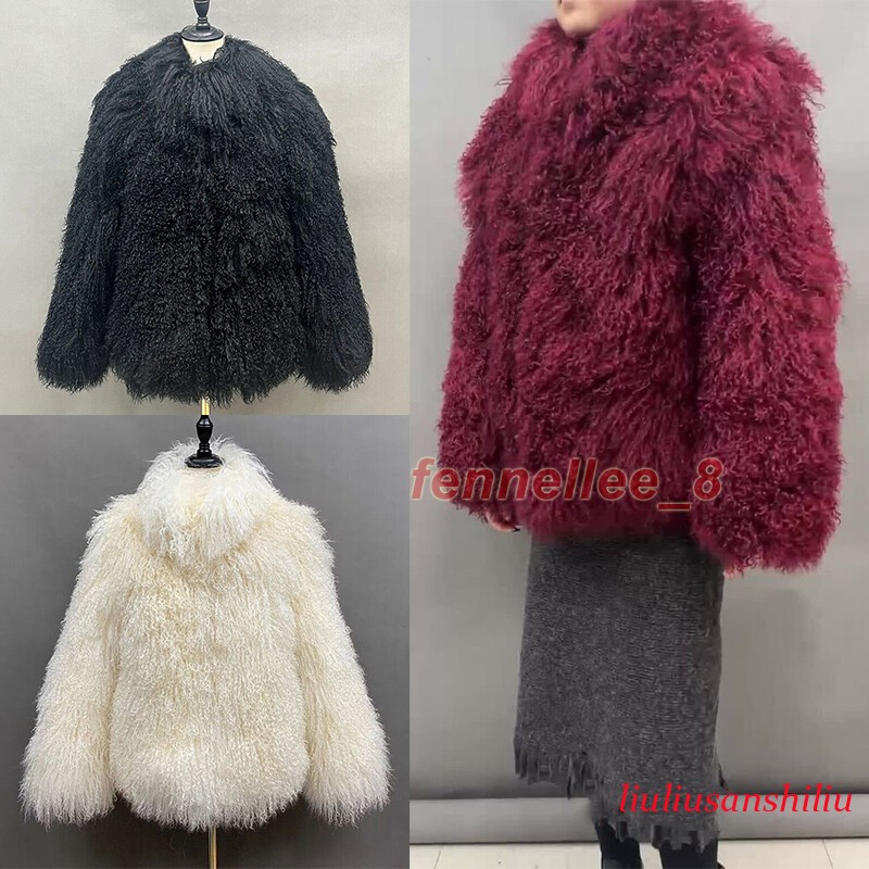 Women 100% Real Mongolian Lamb Fur Coat Warm Curly Long Fur Stand Collar Jacket