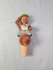 ANRI Wood Bottle Cork Stopper Man Sitting On Keg Mechanical Folk Art Italy Vtg