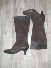 Women Brown Suede Western Tooled Leather Boots Mid Heel Boho Cowboy Chic Sz 7.5