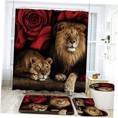  4PCS Red Rose and Lion Shower Curtain Bathroom Set with Rugs, Red Rose Lion