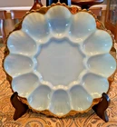 Vintage Anchor Hocking Fire King Delphite Blue Glass Egg Plate GOLD TRIM 12 EGG