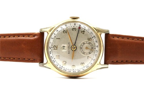 VINTAGE BENRUS 17J CE 13 CALENDAR ARROW POINTER RUNNING WRISTWATCH *NEEDS WORK*