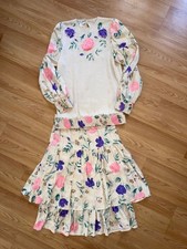 Vintage Anne Crimmins Umi Collection Floral Skirt Set Pink Purple Silk M 80s