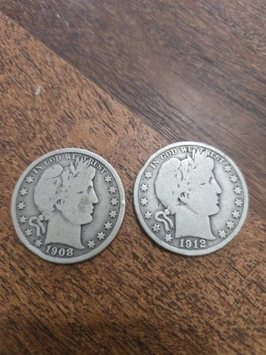 1908d and 1912d Barber Liberty Head Half Dollars 90% Silver