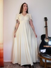 Vintage 1970s Maxi Dress Cream Empire Waist long Dress Puff Sleeves Size 10