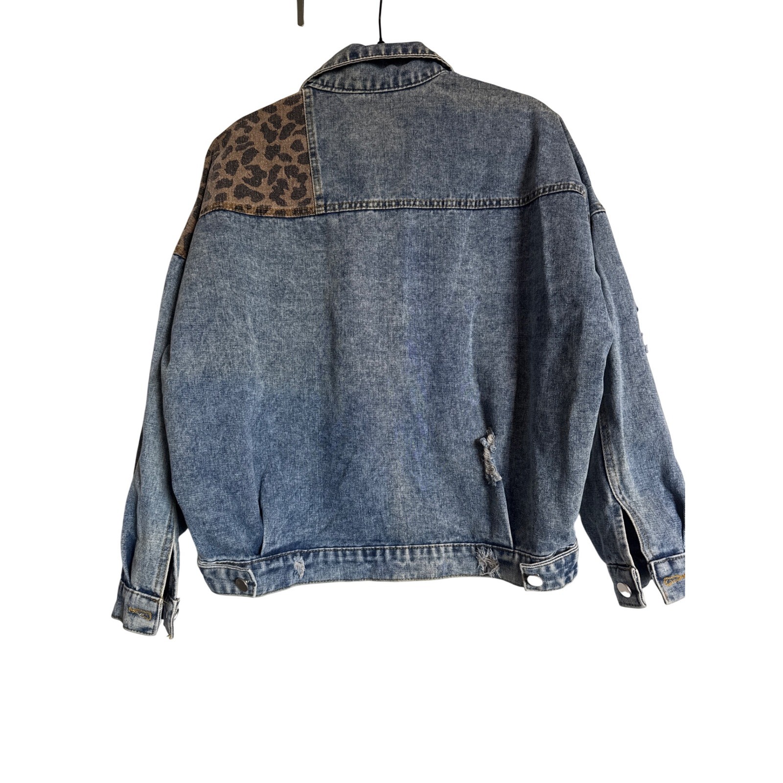 Distressed Denim Jacket Leopard Print Patchwork W… - image 9