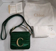 Chloe Mini C Bag Green Leather Crocodile Purse Embossing Crossbody Dust Bag