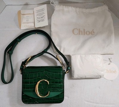 Chloe Mini C Bag Green Leather Crocodile Purse Embossing Crossbody