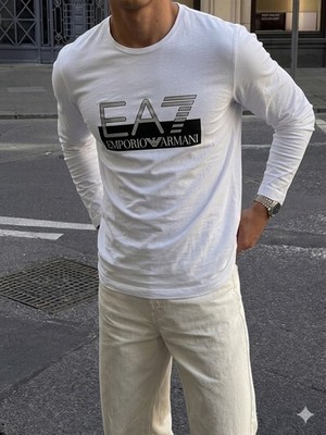 Emporio Armani EA7 Herren Langarm T-Shirt Logo-Print Weiß Gr. M Vintage Y2K