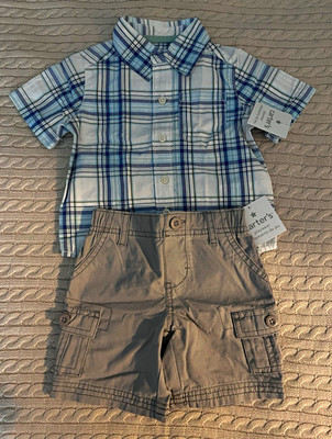 Carter's Boys 2-Piece Outfit Set Plaid Button Shirt & Shorts Pockets Cotton