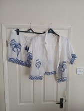 Beacon Cove BNWT Co Ord Set XL White Blue Embroidered Palm Tree Shorts Shirt