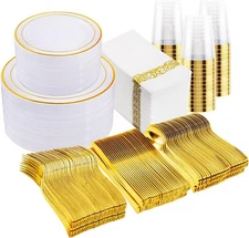  700Pcs Gold Dinnerware Set for 100 Guests, Plastic Plates for Party, Include