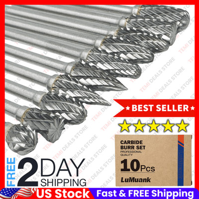 10PCS Carbide Burr Bits Set for Dremel 1/8 Rotary Tool Double Cut Grinding Metal