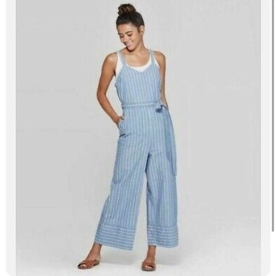 Universal Thread Women's Sleeveless V-Neck Belted Jumpsuit Blue Stripe M