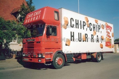 LKW Foto Scania 93M 280 Kofferauflieger Deutschland rot CHIP, HURRA! Chio #p6jx