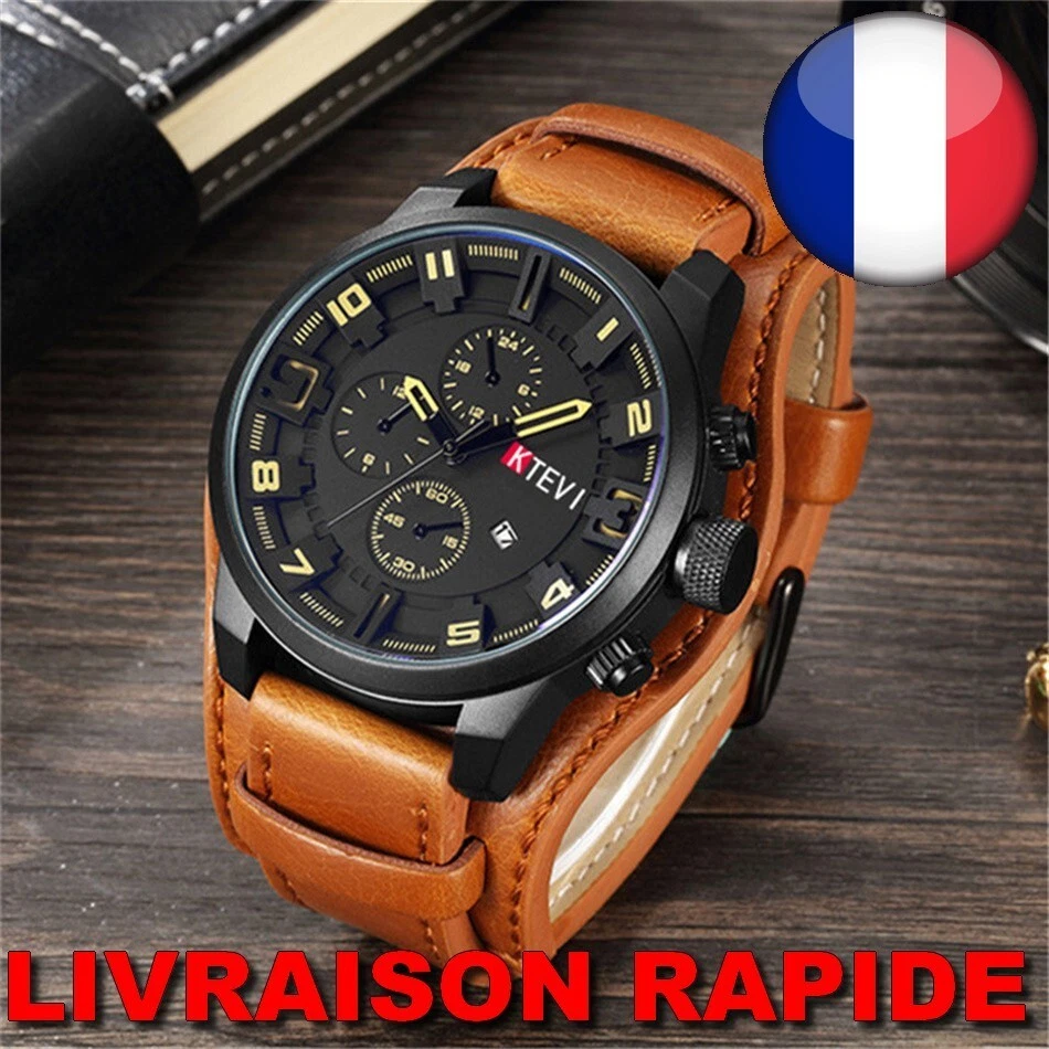 Montre Sport Luxe Homme Décontractée Quartz Date Etanche Cuir Marron Jaune KTEVI - Photo 1/2