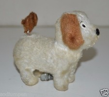 ALPS 1950s Wind Up 5" White Brown DOG Toy WORKS Tail Spins Fast JAPAN Rare