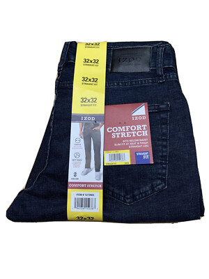 NEW MENS 32X32 IZOD DARK Blue  WASH COMFORT STRETCH STRAIGHT Slim FIT LEG JEANS