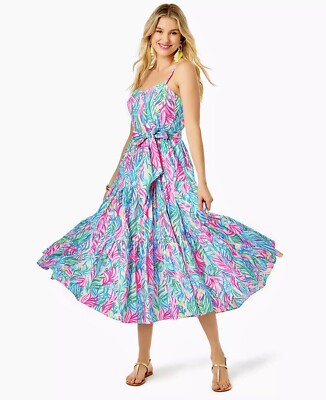 NWT Lilly Pulitzer Edith Cotton Multi Sea Turtle Soirée Tier Midi Dress  Size 10