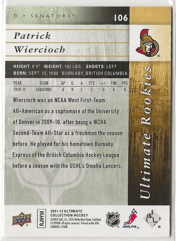 2011 2011-12 Ultimate Collection Ultimate Rookies #106 Patrick Wiercioch 065/399 - Image 2 of 2