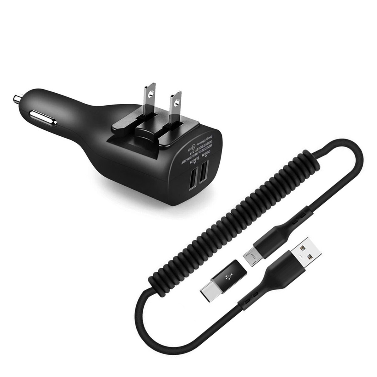 2-in-1 Car Home Charger Coiled USB Cable Micro-USB to USB-C for