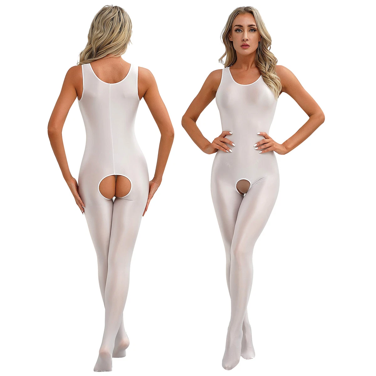 Womens Smooth Full Body Open Crotch Bodysuit Glossy Sleeveless Footed  Jumpsuits