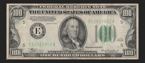 1934 Richmond One Hundred Dollar Bill E02919802A J2 Back Plate 106 - Picture 7 of 11
