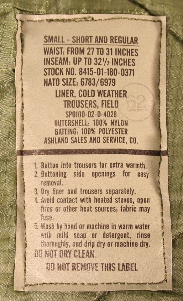 USGI Military Cold Weather M65 Quilted OD Trousers Field Pants Liners Brand NEW - Image 4 of 4